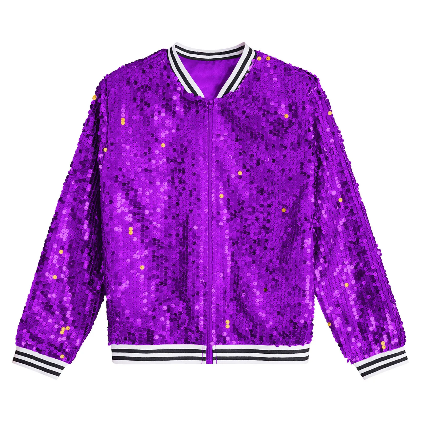 Chaqueta de lentejuelas brillantes para niñas, abrigo de béisbol de manga larga con cremallera frontal, ropa de abrigo con adornos a rayas, chaquetas de fiesta de baile moderno de Jazz - imagen 4
