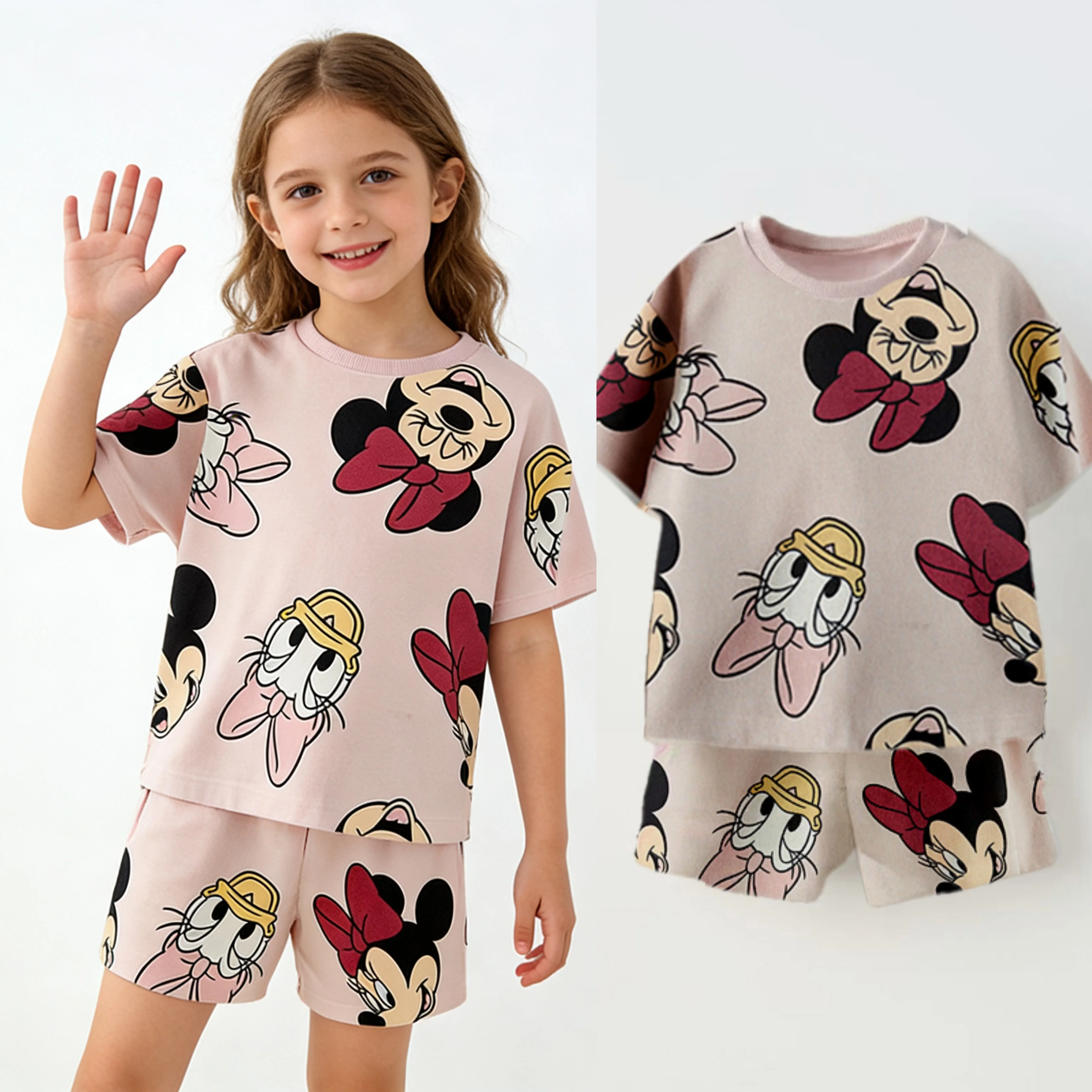 Traje con estampado completo de Disney, camiseta de Minnie + Pantalones cortos, conjunto de 2 piezas, chándales de manga corta de dibujos animados, ropa exterior para bebés, ropa de nuevo diseño