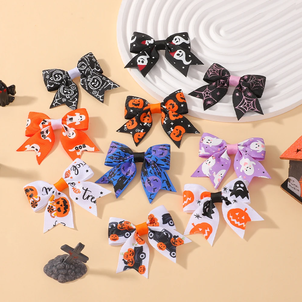10/20 piezas lazos de Halloween con pinza para el pelo para niñas, cabeza de calabaza impresa hecha a mano, Festival, fiesta, vacaciones, accesorios para el cabello para niños - imagen 4