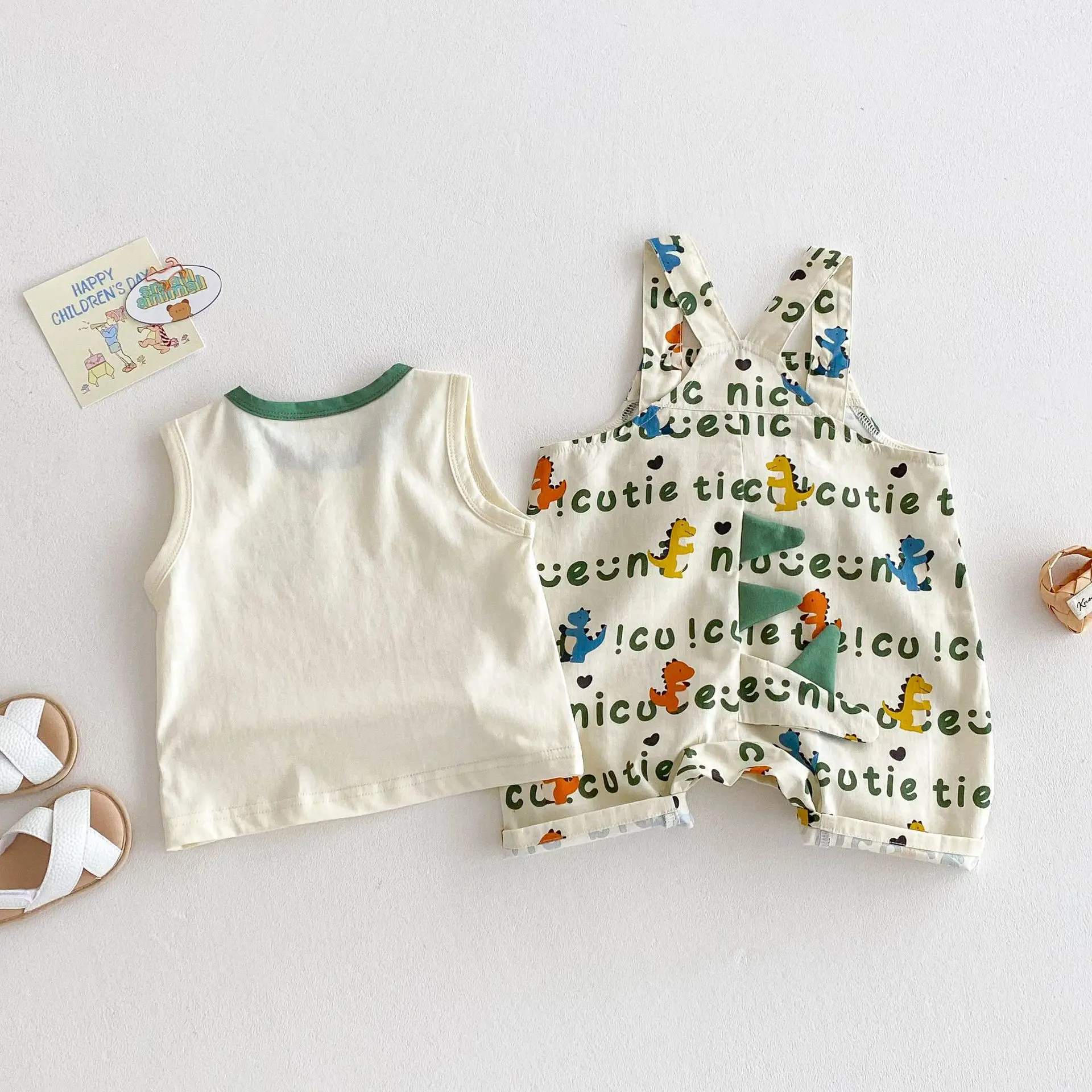 Conjuntos de pelele con tirantes de dinosaurio para bebés de 0 a 3 años, camiseta de dibujos animados y traje general, trajes coreanos de moda para niños pequeños, 2 uds. - imagen 4