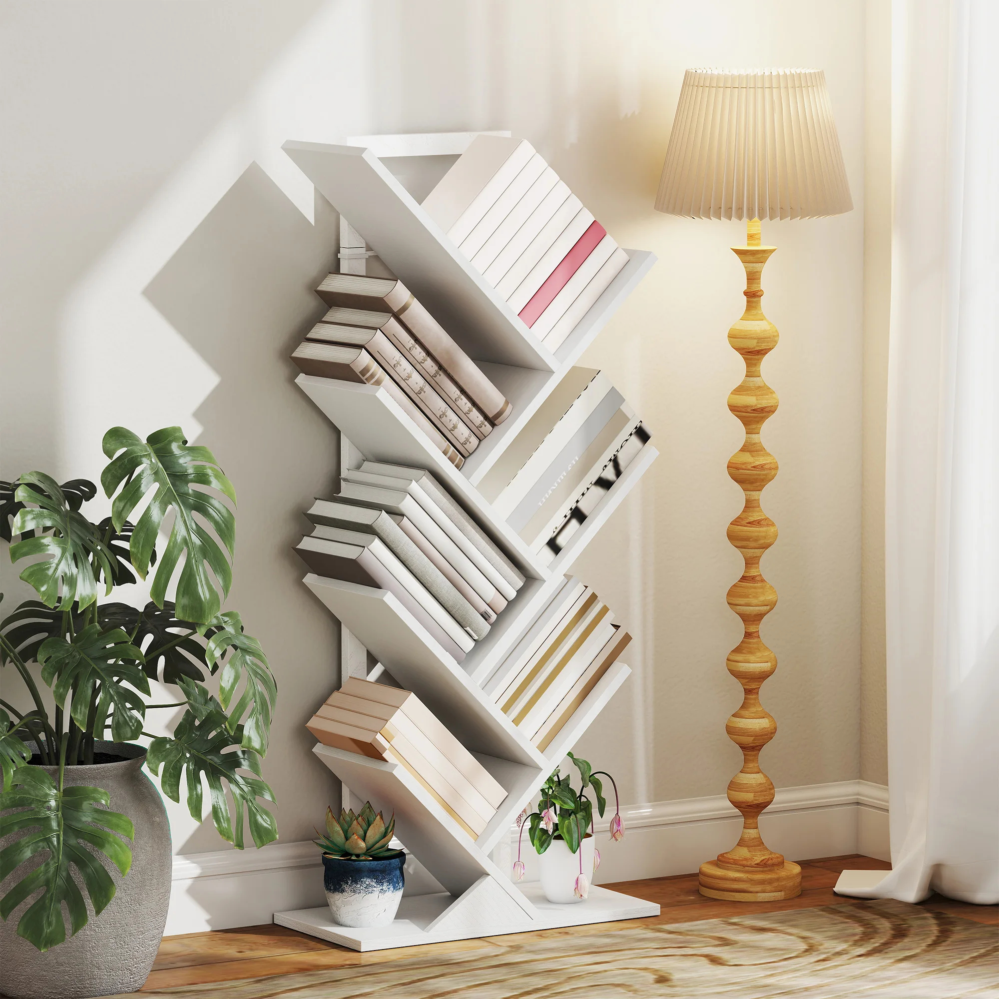 HOMCOM Librería en Forma de Árbol de 7 Niveles Estantería de Libros con 7 Estantes y Estructura de Acero para Sala de Estar Oficina Estudio Dormitorio 50x24x109 cm Blanco - imagen 5