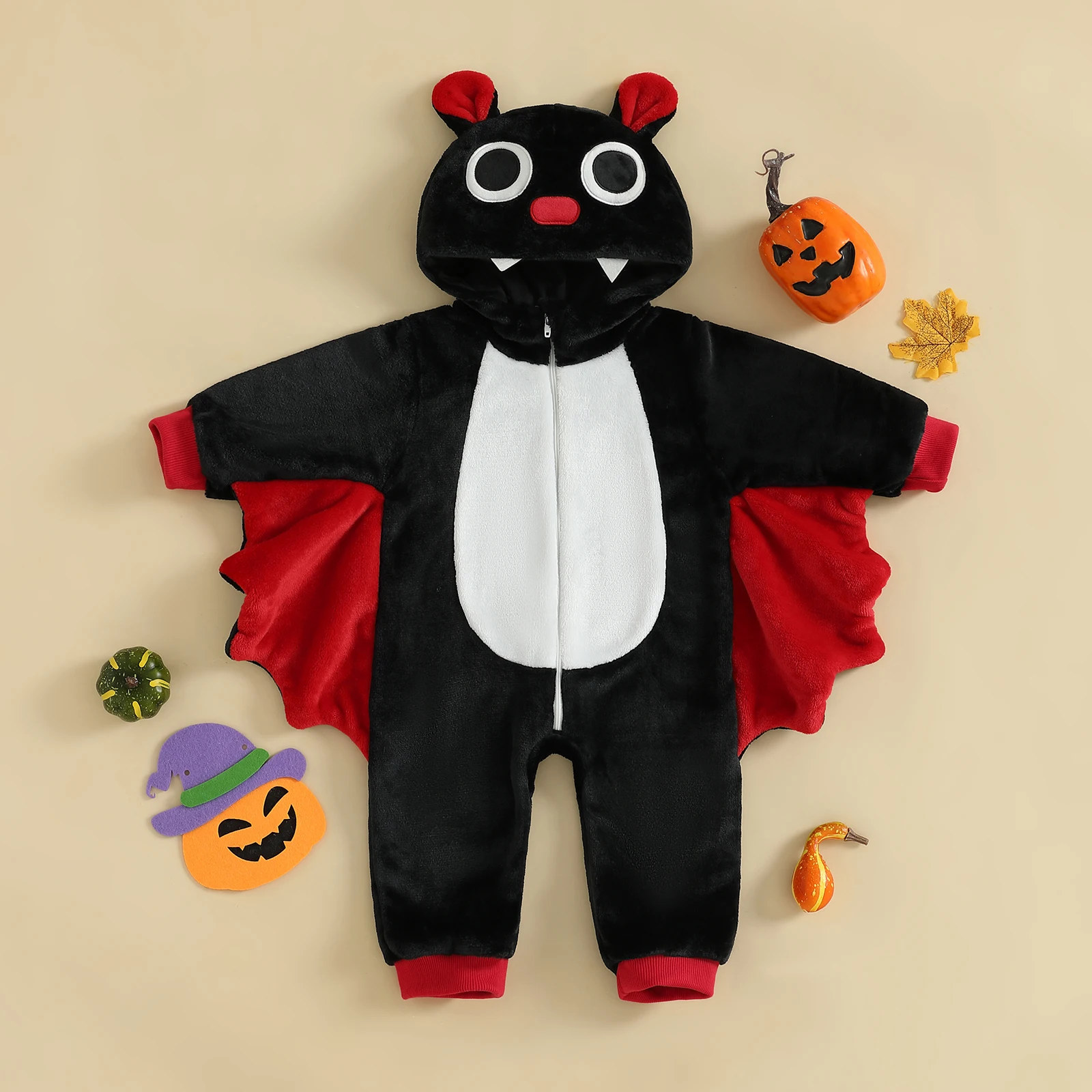 SUNSIOM-Disfraz de murciélago para niños de 1 a 5 años, ropa de Halloween, mono con capucha de manga larga, disfraz de Cosplay con cierre de cremallera de retales - imagen 2