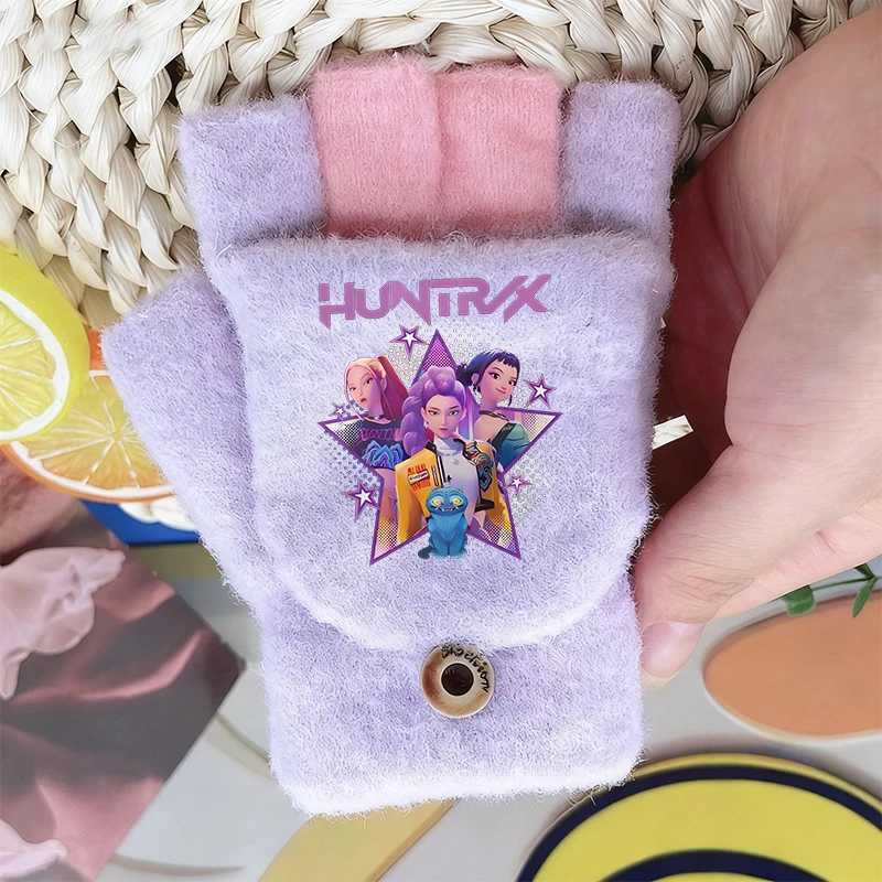 Guantes con tapa de medio dedo para niños y niñas, K Pop Demon Hunters, moda de dibujos animados, guantes de invierno, Unisex, cálido, regalo de cumpleaños para niños y Navidad - imagen 2