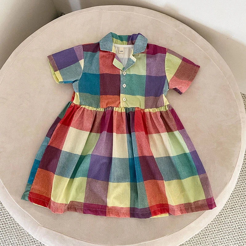 Conjunto de camisa de verano para niños, estilo de vacaciones, manga corta y pantalones cortos, 2 uds., vestido a cuadros colorido para niñas, traje para hermanos - imagen 5