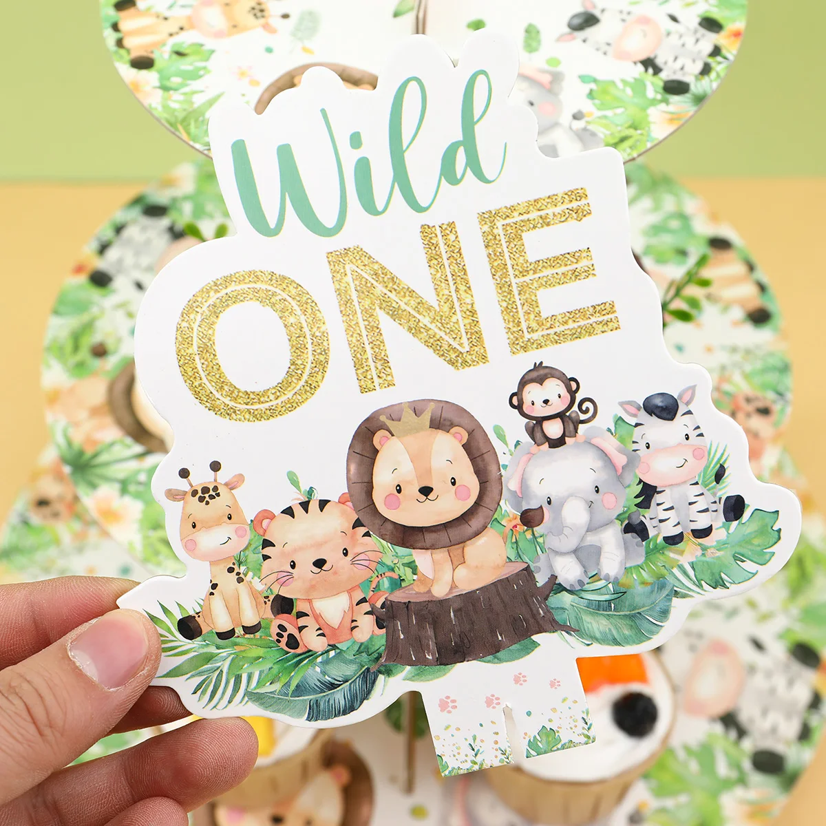 1 Juego de soporte de exhibición de pastel de fiesta de Safari en la jungla de dibujos animados de 3 niveles, estante para cupcakes de cumpleaños de animales salvajes, decoración de bandeja para pastel de Baby Shower - imagen 3