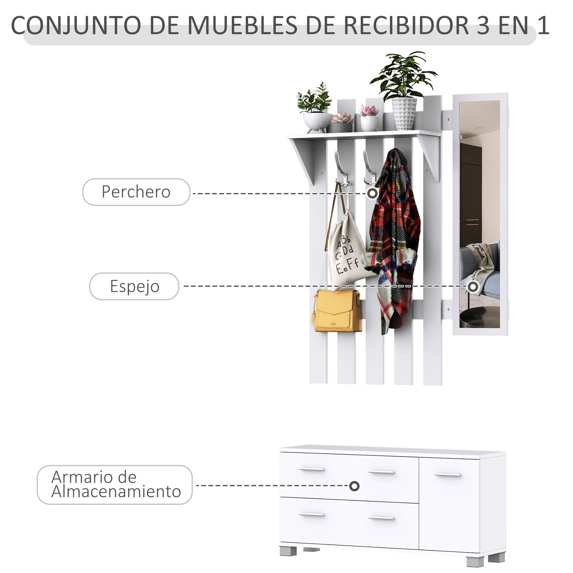 HOMCOM Conjunto de Recibidor de Entrada con Espejo Perchero y Zapatero Muebles de Entrada con 3 Ganchos Estante y 2 Cajones para Pasillo - imagen 4