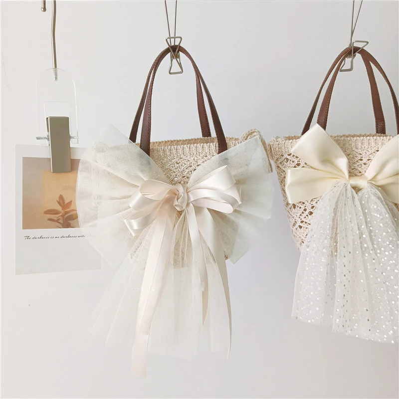 INS Sweet Style bolsas portátiles para niños y niñas, bolso de cubo de encaje ahuecado con lazo grande, accesorios de ropa de princesa, bolsa de playa