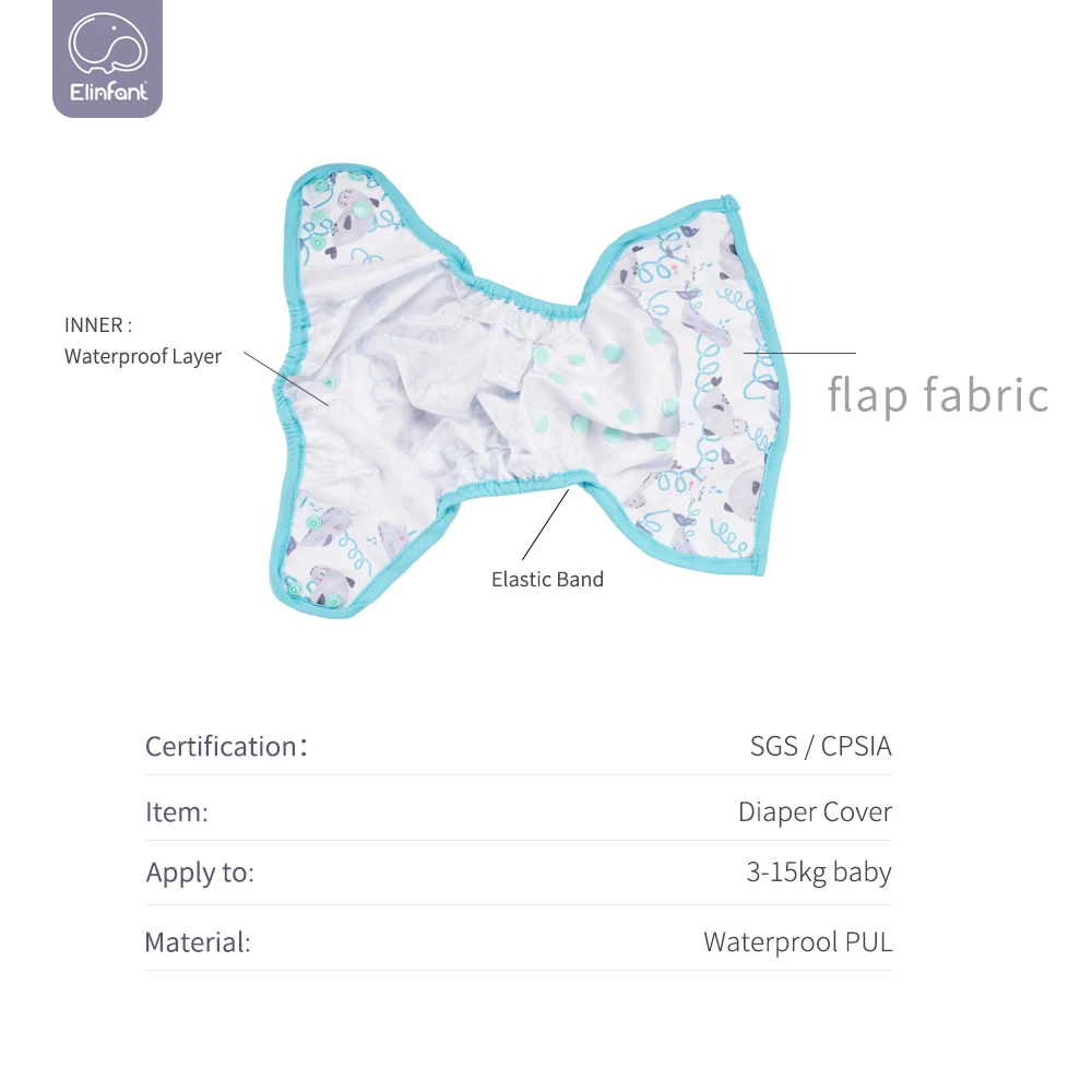 Elinfant, cubierta de pañal impermeable lavable de talla única, estampado de moda reutilizable ajustable para pañal de tela para bebé de 3-15kg - imagen 2