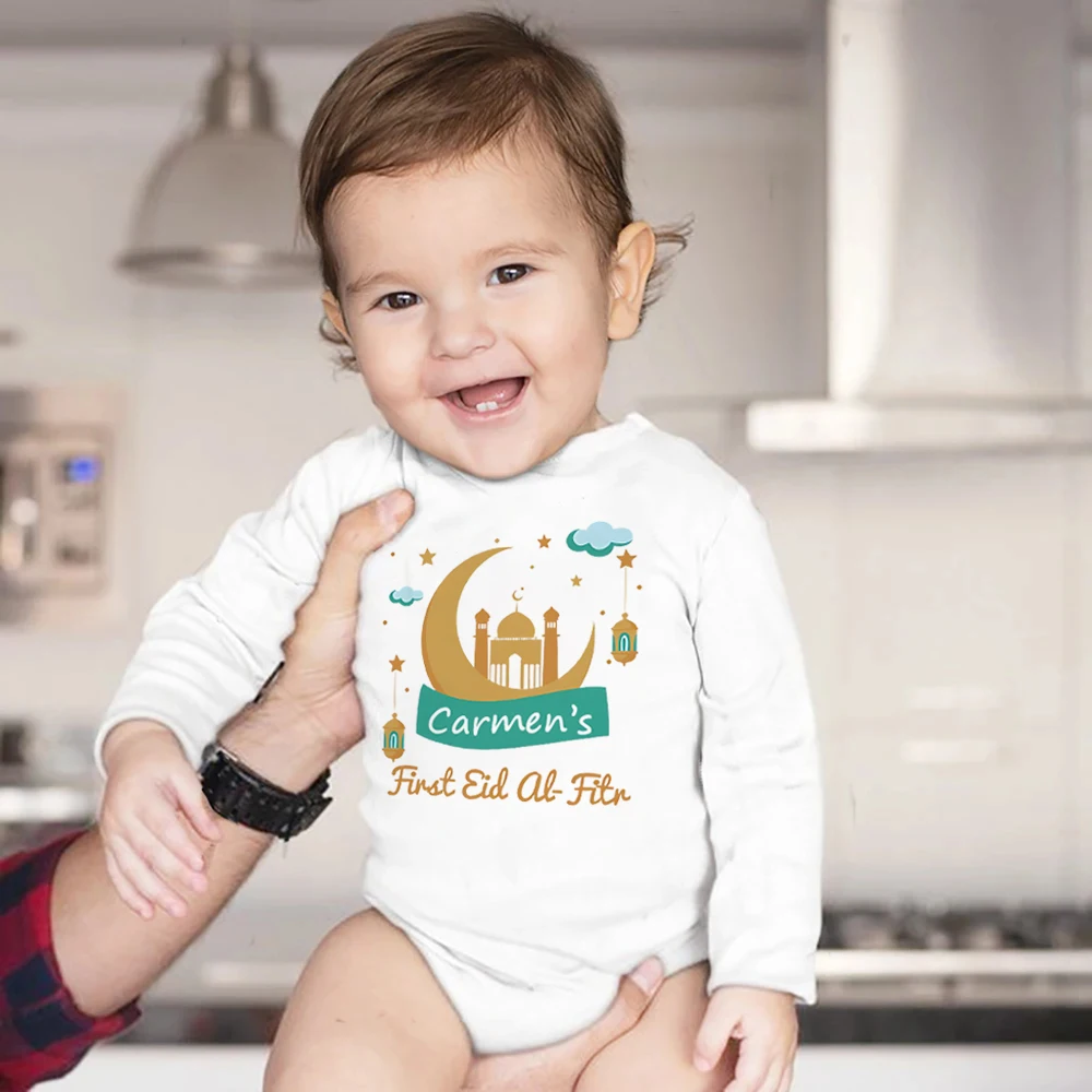 Pelele personalizado para bebé, primera Eid al-fitr, nombre personalizado, mono infantil Eid Ramadán, traje islámico musulmán para vacaciones, ropa para recién nacido
