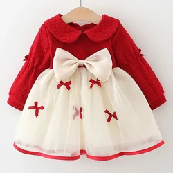 Vestido niña algodón manga larga lazo cuello muñeca–Primavera/otoño