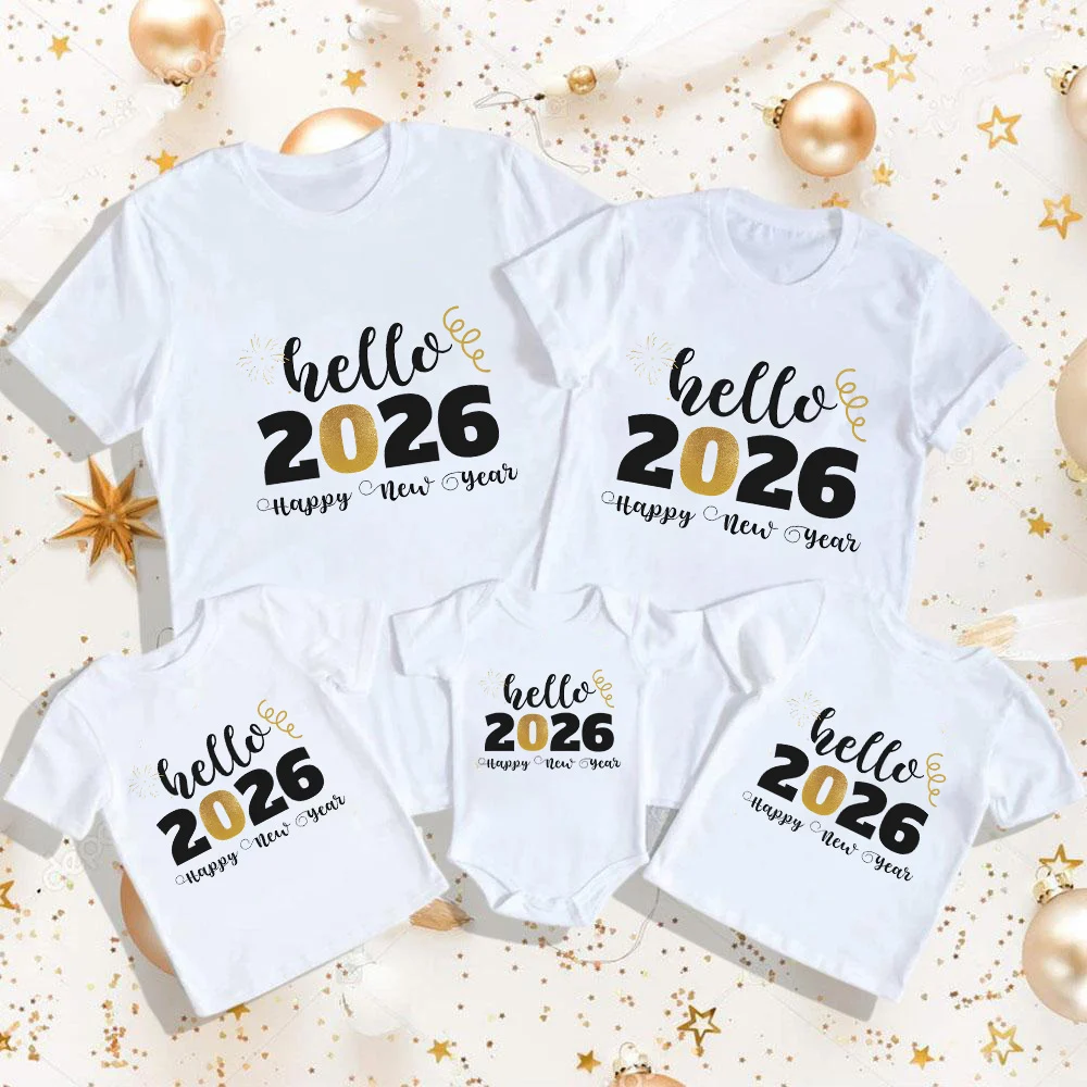Hola 2026 Feliz Año Nuevo trajes a juego para la familia papá, mamá e hija, camiseta para hijo, pelele para bebé, apariencia familiar, ropa de Año Nuevo