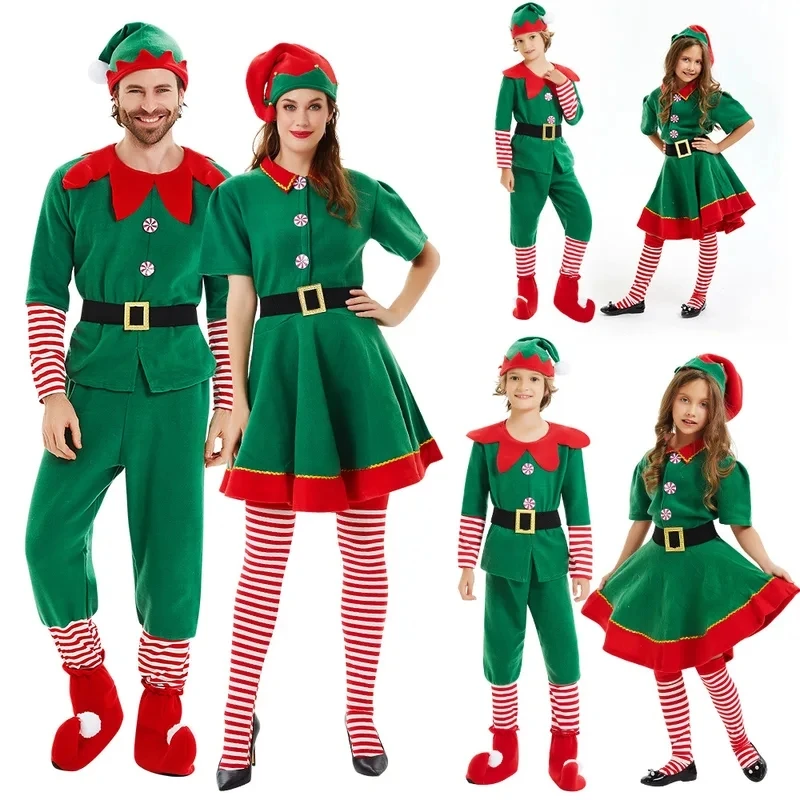 Disfraz de Navidad de Papá Noel para niños y adultos, traje de elfo verde para fiesta familiar, Carnaval, Año Nuevo