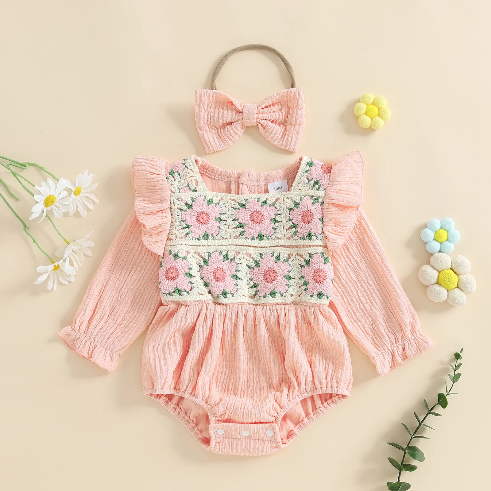 SUNSIOM Mameluco floral de ganchillo para niñas, monos de manga larga con volantes y lindo conjunto de diadema para trajes infantiles - imagen 3