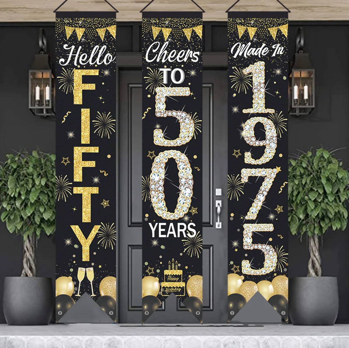 3 uds. De coplas de 50 cumpleaños de oro negro para hombre y mujer, decoración para fiesta de cumpleaños de 1975, 50 años, pancarta para puerta, suministros para fiesta de oro negro - imagen 5