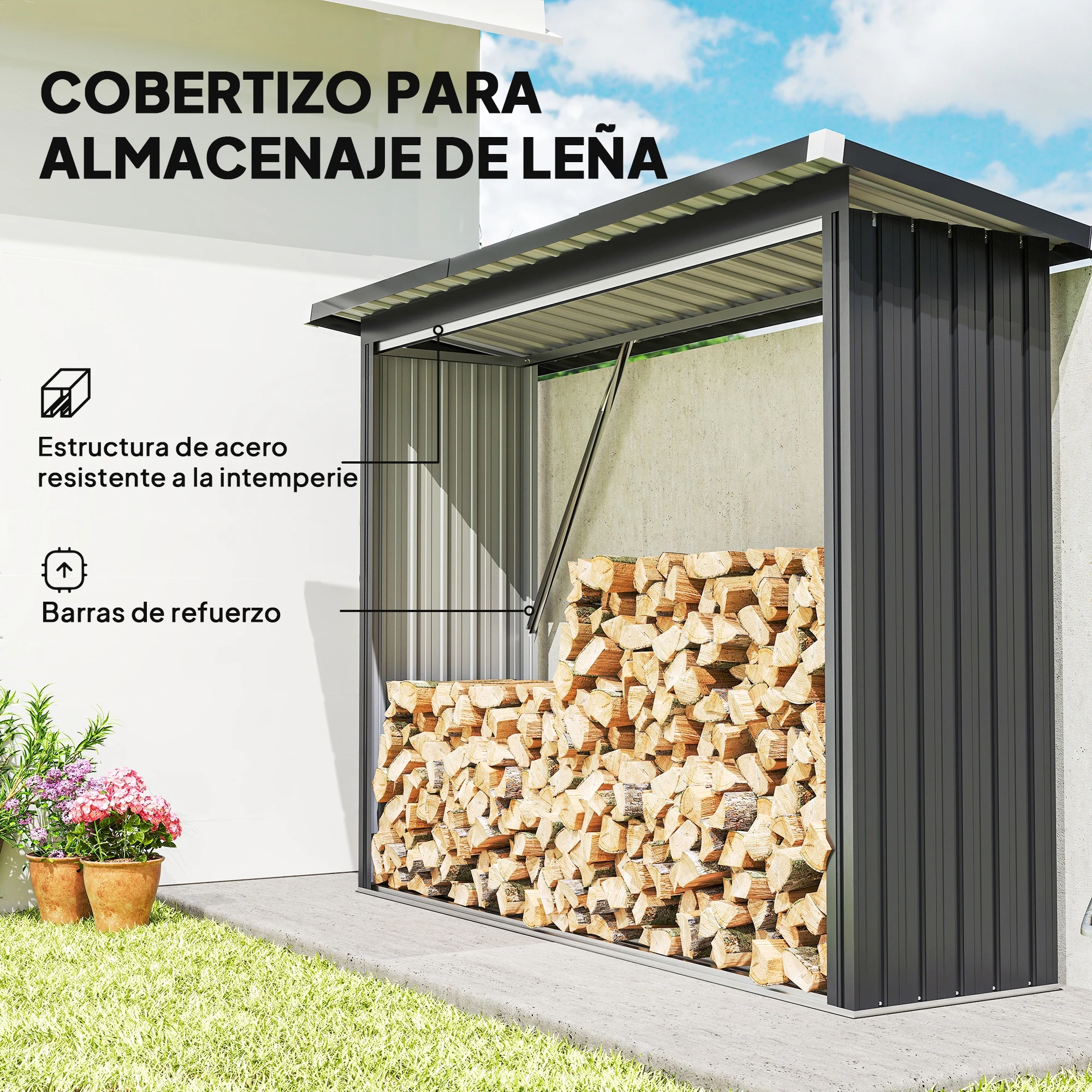 Outsunny Galvanized Steel Firewood Shed, Outdoor Log Storage Shed, with Raised Base and Slanted Roof, 213X66.5X150 Cm, Dark Gray - imagen 4