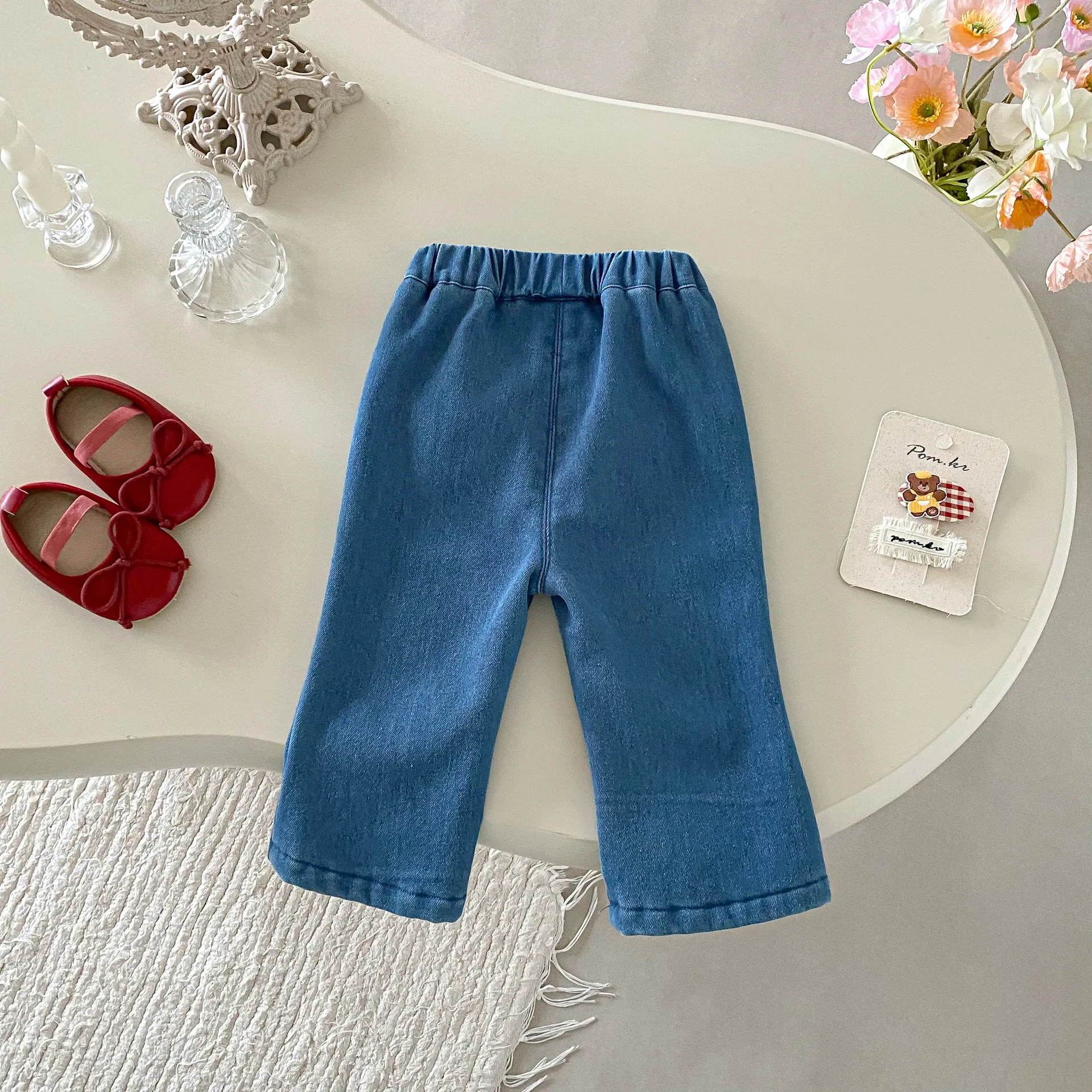 1-5 Y pantalones vaqueros de invierno para niñas, pantalones vaqueros con bordado de lazo para niños, pantalones ajustados para niñas, pantalones con forro de piel - imagen 2