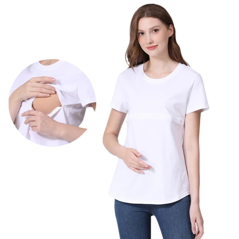 Camiseta de lactancia con cremallera lisa de verano, Tops de maternidad para embarazo, ropa de lactancia de manga corta, camisa para mujeres posparto de talla grande - imagen 4