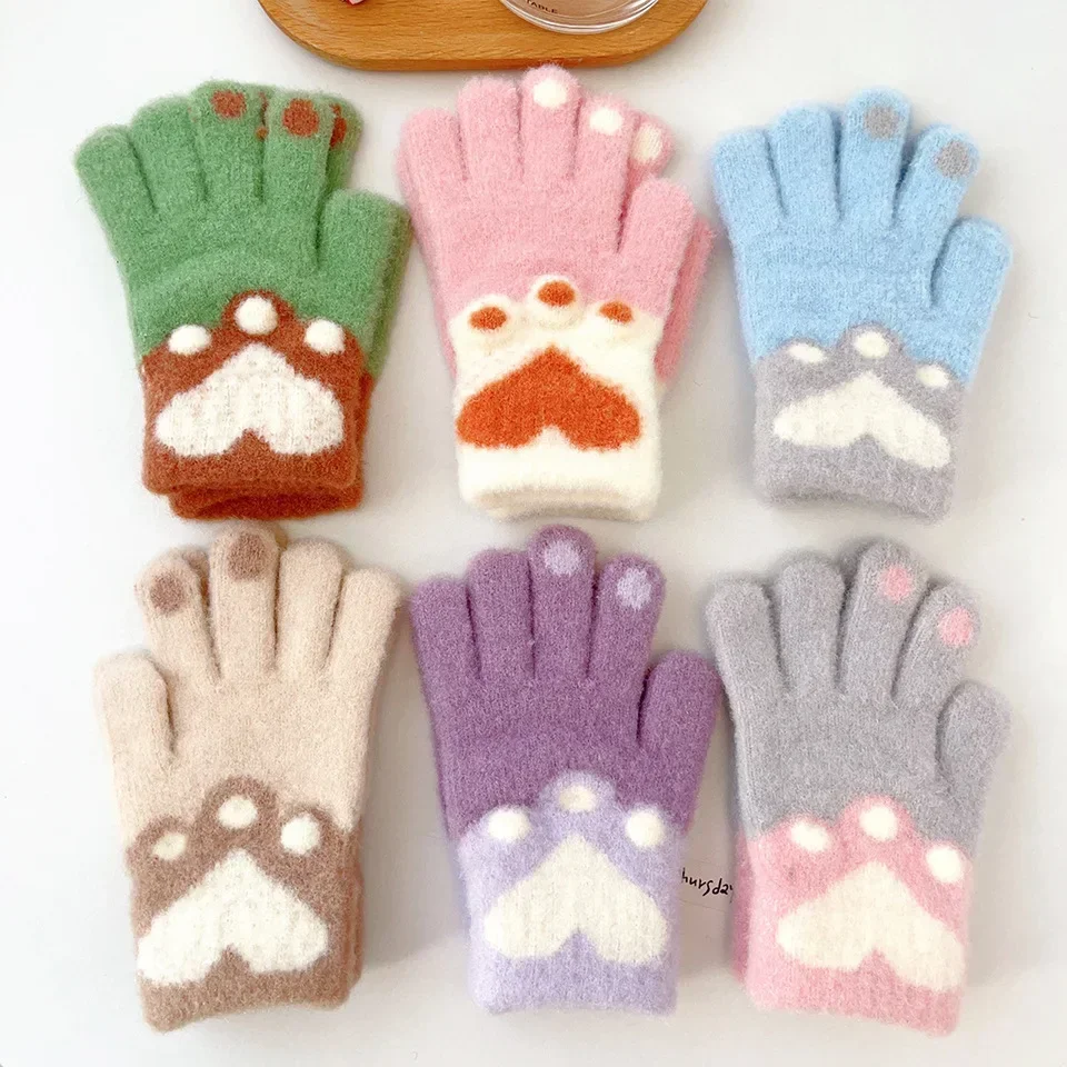 Guante de punto cálido para niños, guante de dibujos animados peludos, estilo Corazón, grueso, dulce, lindo, otoño e invierno, 1 par