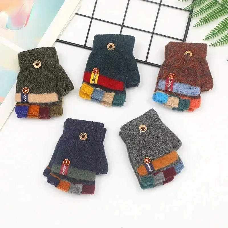 Nuevos guantes para niños con tapa de medio dedo, Color Jacquard a juego, guantes cálidos de otoño e invierno para niños, guantes para escribir para estudiantes y bebés - imagen 2