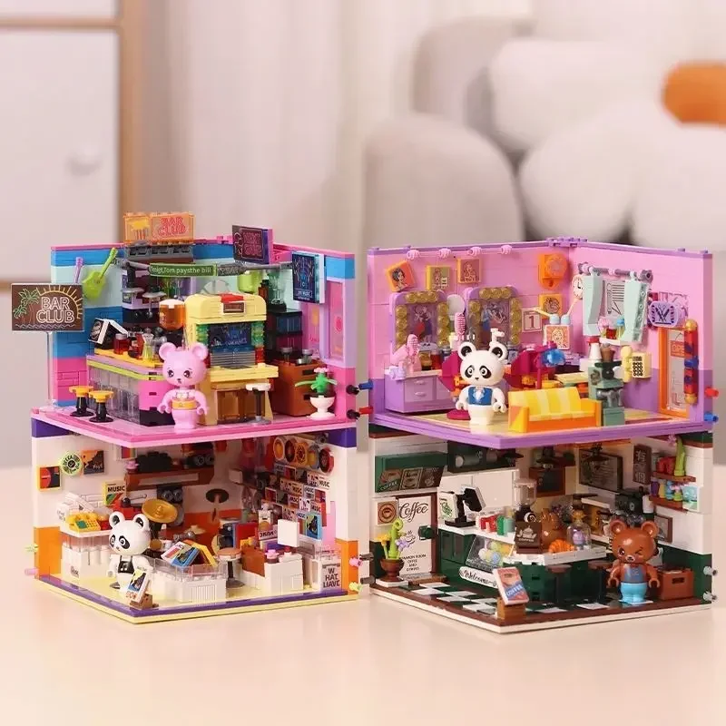 Mini City Street View cafetería Bar peluquería bloques ladrillos creativo rompecabezas 3D modelo de habitación juguetes amigos niños regalo de cumpleaños - imagen 5