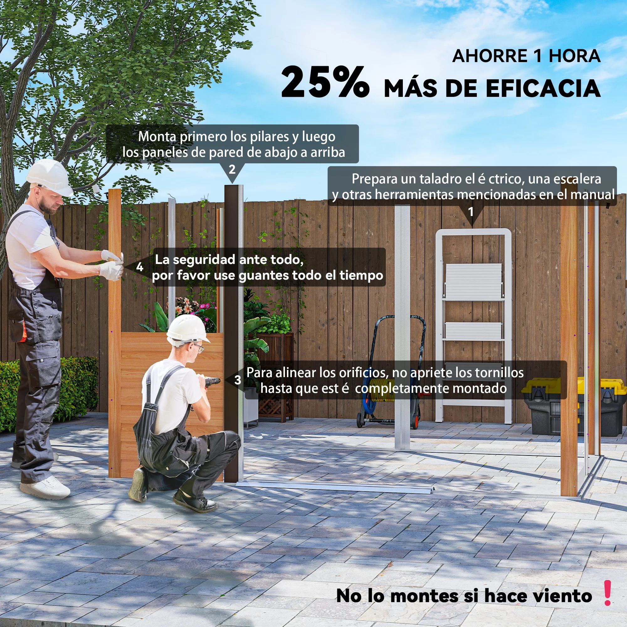 Outsunny Caseta de Jardín Exterior 4,84 m² 278x195x215 cm Cobertizo de Jardín Exterior Metálica con 2 Puertas Corredizas y 4 Ventanas para Almacenamiento de Herramientas Efecto Madera Natural y Café - imagen 3