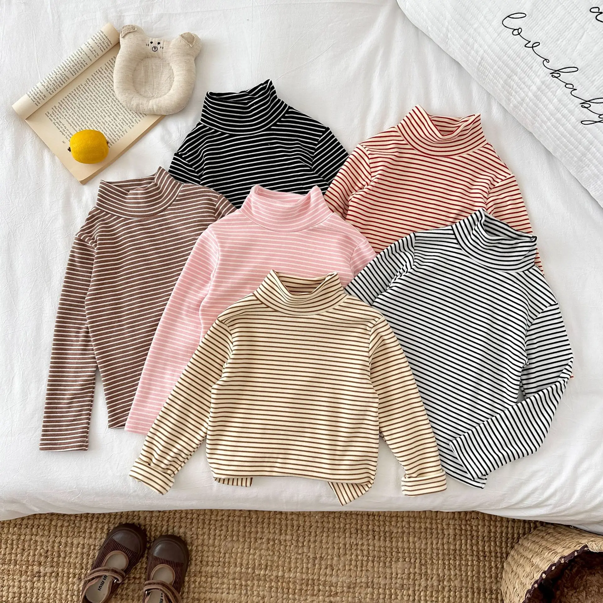 Ropa para niños de 2 a 7 años, blusa clásica a rayas para niñas, Tops básicos de cuello alto, camisa cálida de manga larga para niños, ropa básica para niños - imagen 2