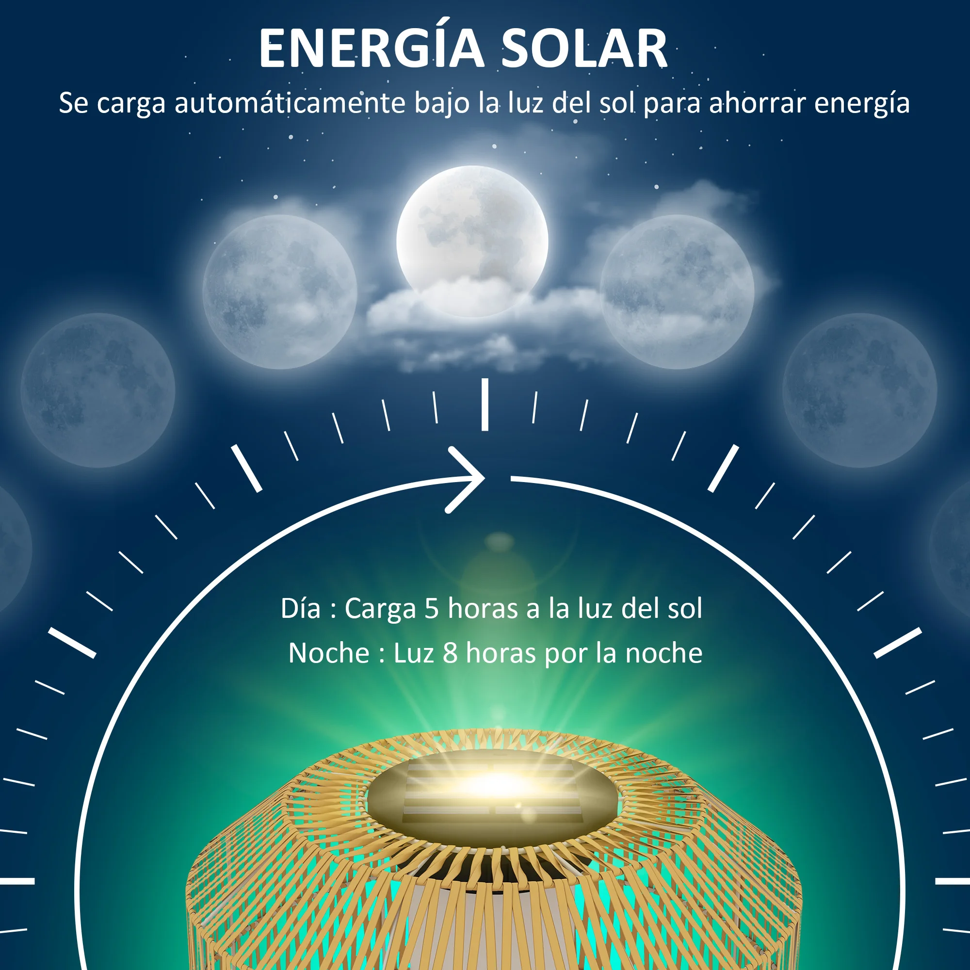 Outsunny Linterna de Jardín de Ratán Sintético Farola Solar con Luces LED Encendido y Apagado Automático Diseño Bohemio Impermeable para Terraza Balcón Patio Ø30x55 cm Natural - imagen 4