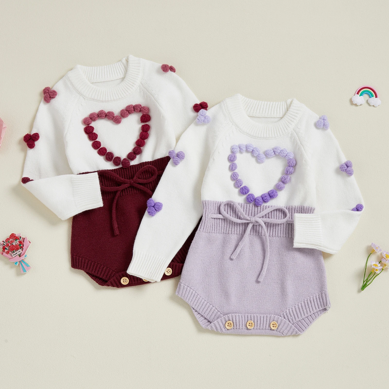 Pelele de punto para niñas de 0 a 24 meses, mono de Color de contraste de manga larga con cuello redondo y bola de piel a la moda