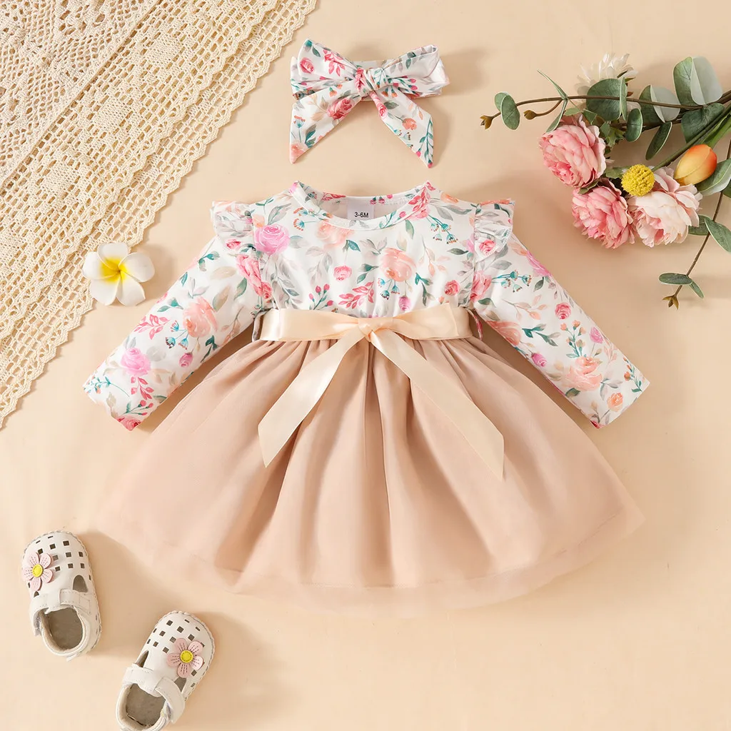 Vestido manga larga floral con diadema para bebé niña - imagen 4