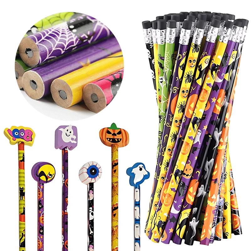 Lápices de estilo Halloween de 12 ~ 36 Uds., diseño aleatorio, lápiz HB, borrador de dibujos animados, papelería temática de Halloween, regalo para estudiantes, niños y niñas ZYF