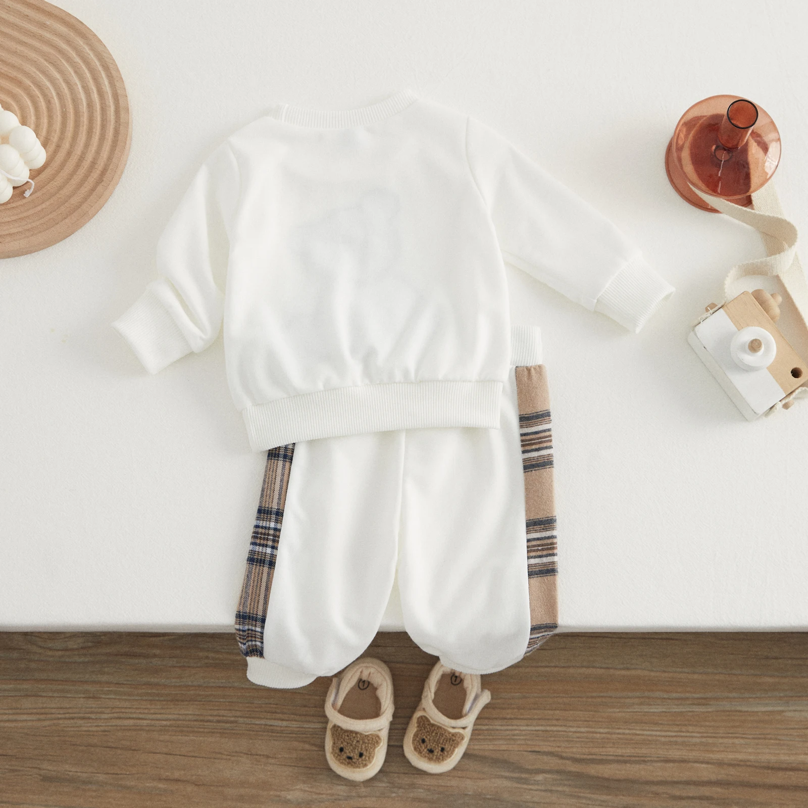 VISgogo-ropa para Bebé y Niño, chándal informal de manga larga con estampado de oso a cuadros, Tops y pantalones, 2 piezas - imagen 3