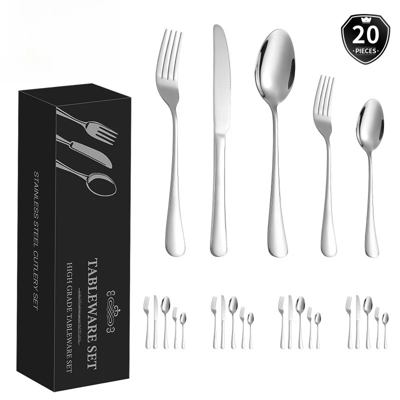 Juego de vajilla de acero inoxidable de 20 piezas: colección completa de comedor occidental con cuchillos, tenedores, cucharas y cubiertos elegantes