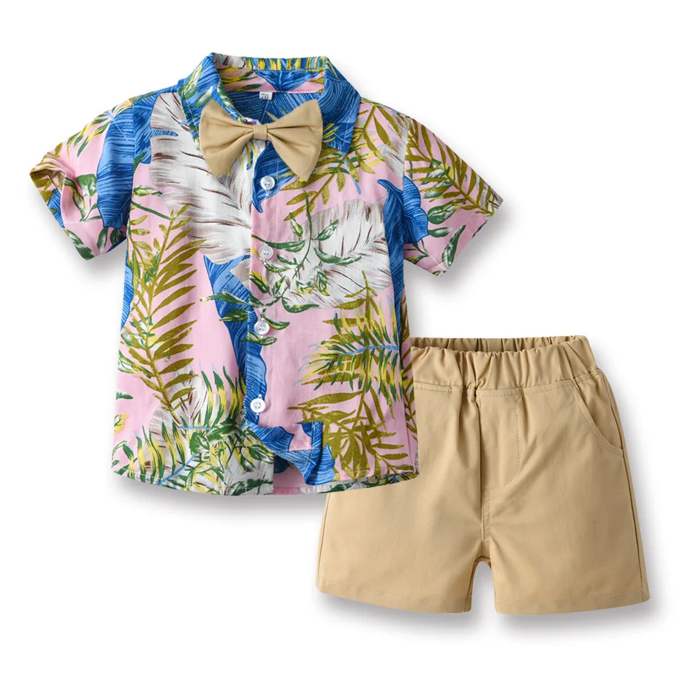 Conjunto de camisetas y pantalones cortos de flores para niño, ropa de verano de algodón para vacaciones, estilo de playa, camisas y pantalones cortos de flores de manga corta - imagen 2