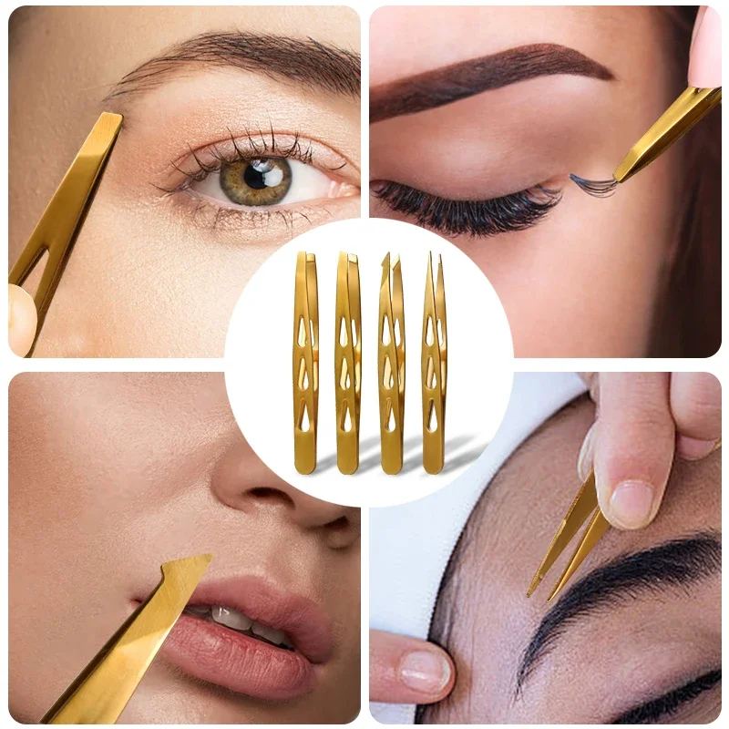 Pinzas para mujer Juego de pinzas para cejas, 4 piezas profesionales de acero inoxidable, pinzas de precisión para vello facial, astilla y Ingr - imagen 3