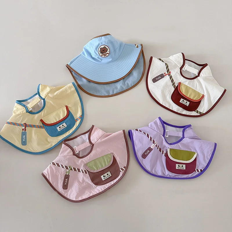 Sombrero para niños con silbato, sombreros de pescador de ala grande transpirables, accesorios de protección solar ajustables con dibujos animados para niños y niñas