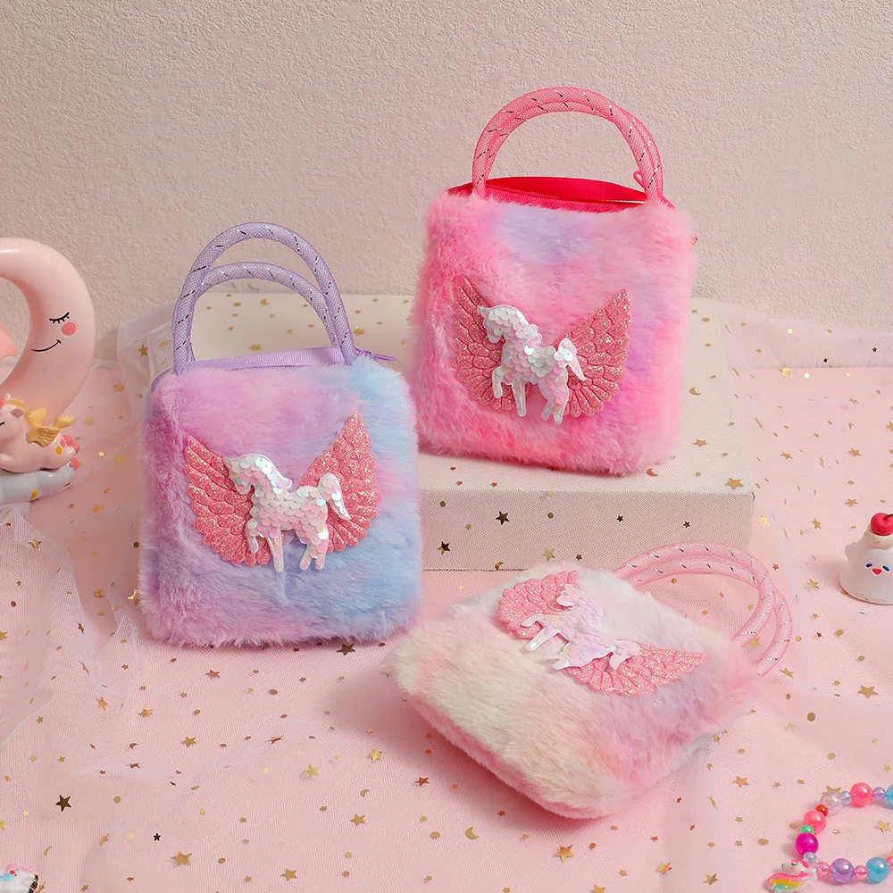 1 pieza de bolso de hombro peludo bonito de dibujos animados para niña, bolso cruzado de unicornio de dibujos animados brillante de felpa, bolsa de almacenamiento de cosas pequeñas para bebé - imagen 3
