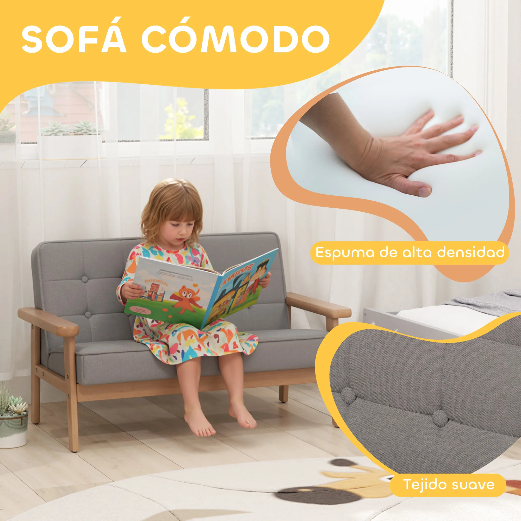 AIYAPLAY Sofá para Niños de 2 Plazas, Sillón Infantil de Felpa Suave con Estructura de Madera, Asiento y Respaldo Acolchados, Reposabrazos, para Niños de +3 Años, para Dormitorio, Sala de Juego, Gris - imagen 4