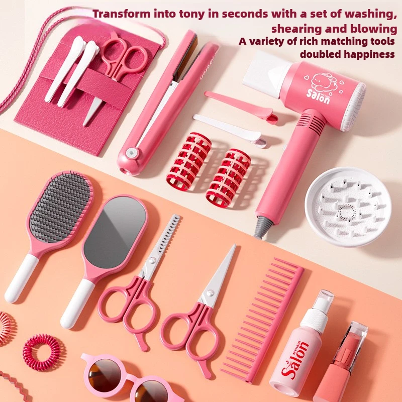 Conjunto de salón de belleza para niñas, secador de pelo de simulación, juego de maquillaje de belleza para el cabello para niños, herramienta de estilismo de moda, juego de simulación, regalo para casa, juego divertido - imagen 5