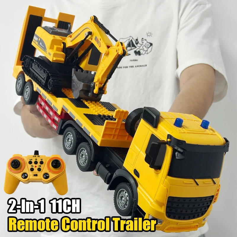 2 en 1 11CH RC remolque camiones planos conjunto de camiones combinados con excavadora ingeniero vehículo 2,4G coche de Control remoto regalos de navidad - imagen 2