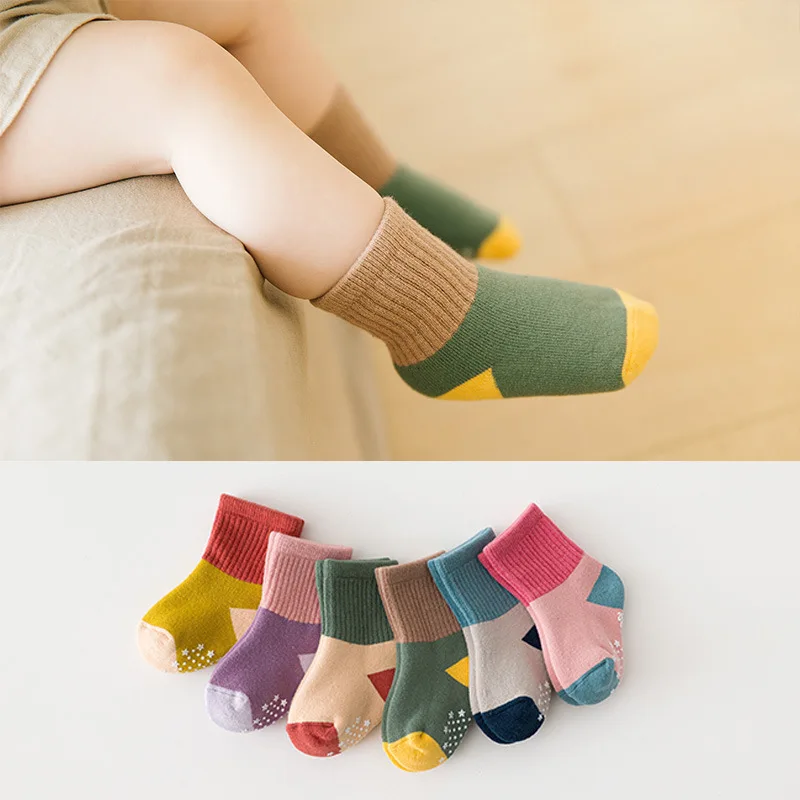 Otoño Invierno Terry cálido medio calcetines de bebé nuevo suave Patchwork Prewalker calcetín de suelo para niñas recién nacidas niños calcetines de punto infantiles - imagen 4