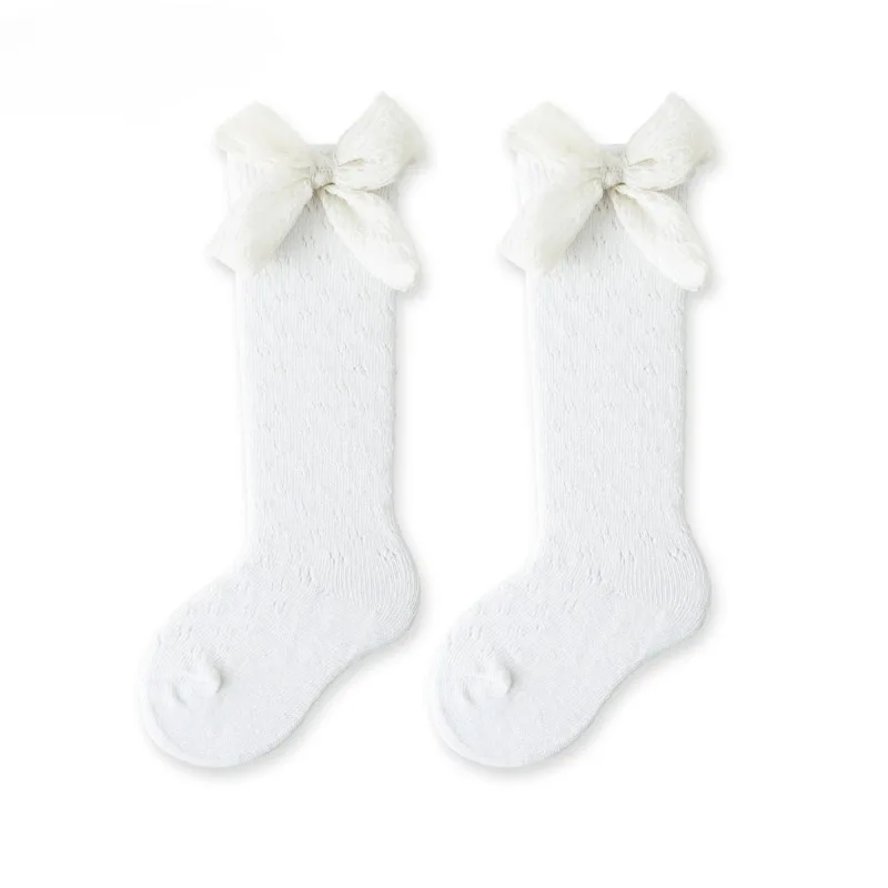 2025 Calcetines de algodón de clase A de verano para niña, calcetines por encima de la rodilla de malla de princesa con lazo fino, medias transpirables a media pantorrilla para niños pequeños - imagen 5