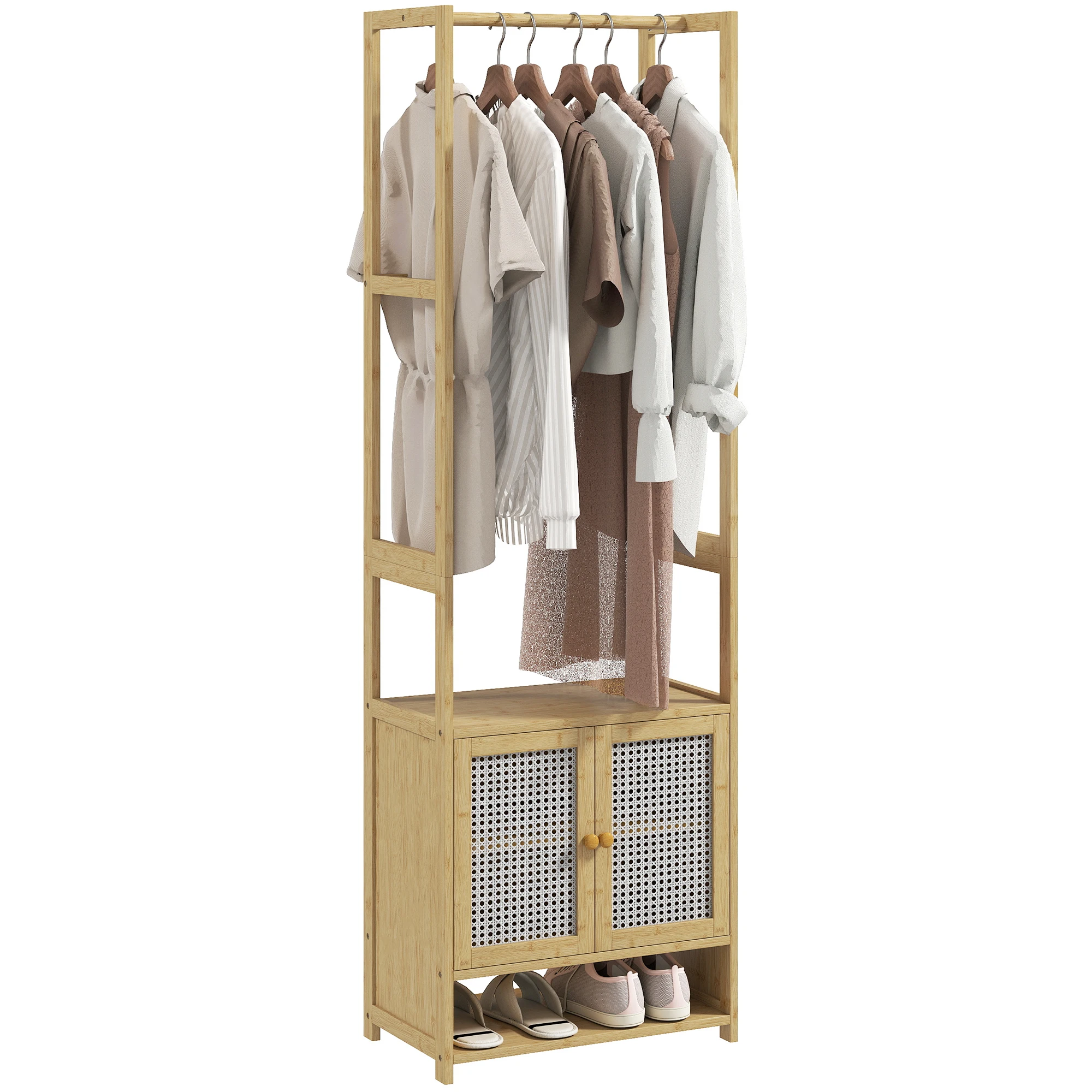 HOMCOM Perchero con Armario, Perchero para Ropa de Bambú, con Zapatero, Barra para Colgar, Estante Ajustable, para Entrada, Pasillo, Dormitorio, 53x31x168 cm, Natural