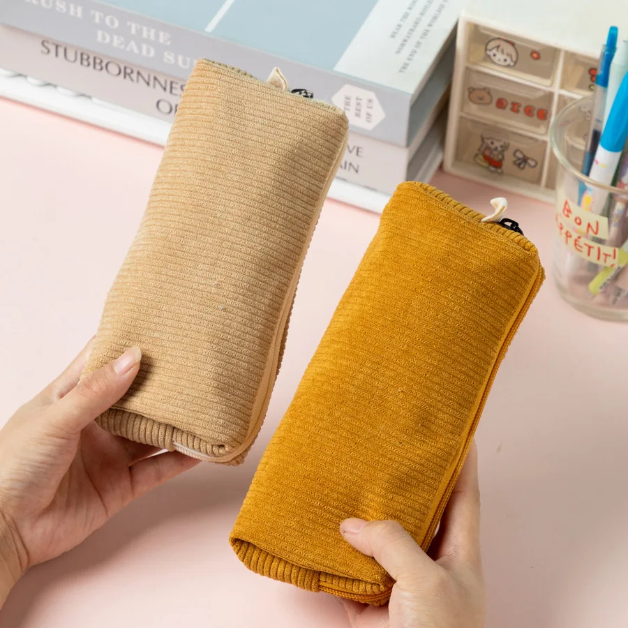 Bolsa de lápices de Color sólido de pana Retro, bolsa de papelería sencilla y literaria, bolsa de almacenamiento para estudiantes de secundaria, caja de papelería, novedad de 2025 - imagen 4