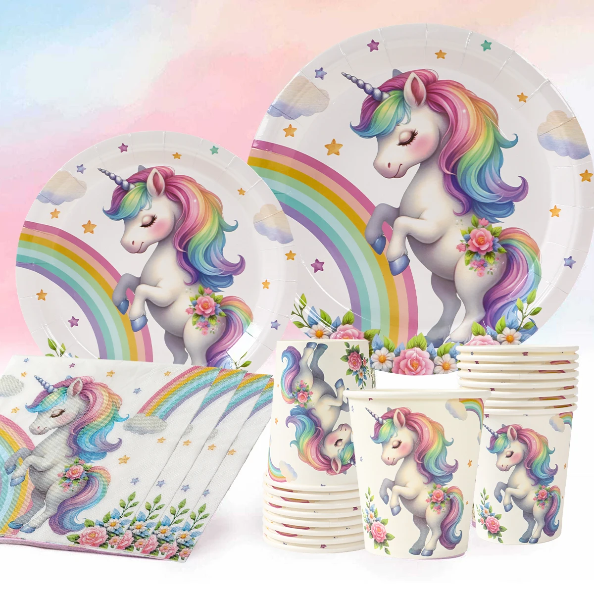 Vajilla desechable de unicornio de arcoíris, decoración de fiesta de primer cumpleaños para niños y niñas, juego de vajillas unicornio, suministros para fiesta de bienvenida para bebés - imagen 2