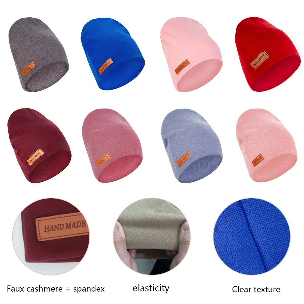 Turbante de Cachemira lisa para bebé, sombreros de la India para recién nacidos, gorros de Otoño Invierno para niños y niñas, gorro con etiqueta de cuero hecha a mano, diademas para niños - imagen 4