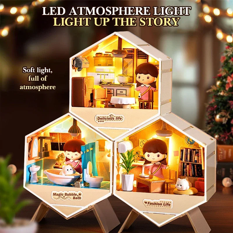 Mini Kit Diy para casa de muñecas, fabricación de cabañas, modelos de habitación de ensamblaje, juguetes, decoraciones para el hogar y el dormitorio con muebles, decoración de mesa - imagen 3