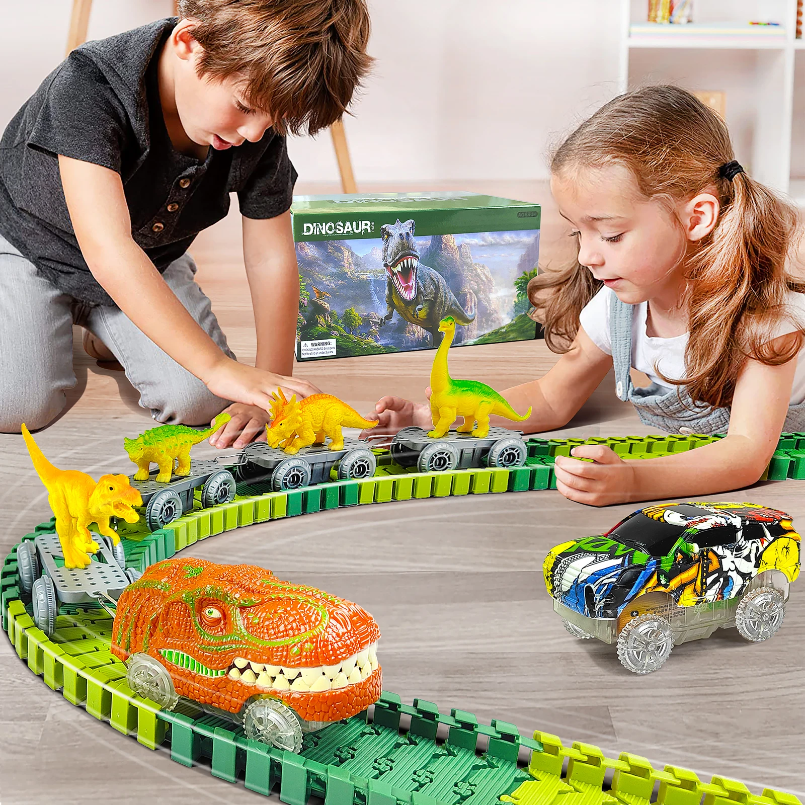 Juguetes de dinosaurios, vía de tren mágica, juguete de carreras, pista de carrera Flexible, luz Flash, coche, juguetes educativos para regalo de niños - imagen 2