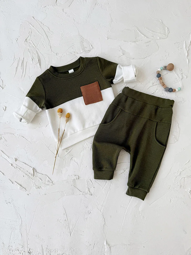 MILANCEL nuevo conjunto de ropa de otoño para bebé 6M-3T bloque de Color sudadera con capucha para niños + Pantalones sueltos traje deportivo coreano para niños pequeños 2 uds