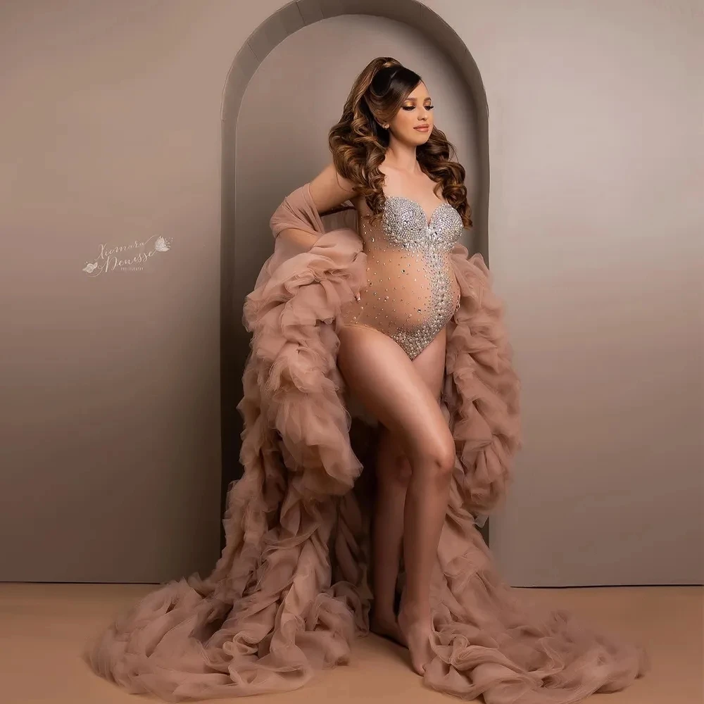 Body elástico de malla para sesión de fotos de maternidad con cristales brillantes diamantes de imitación fotografía de embarazo mono ajustado para embarazadas - imagen 4