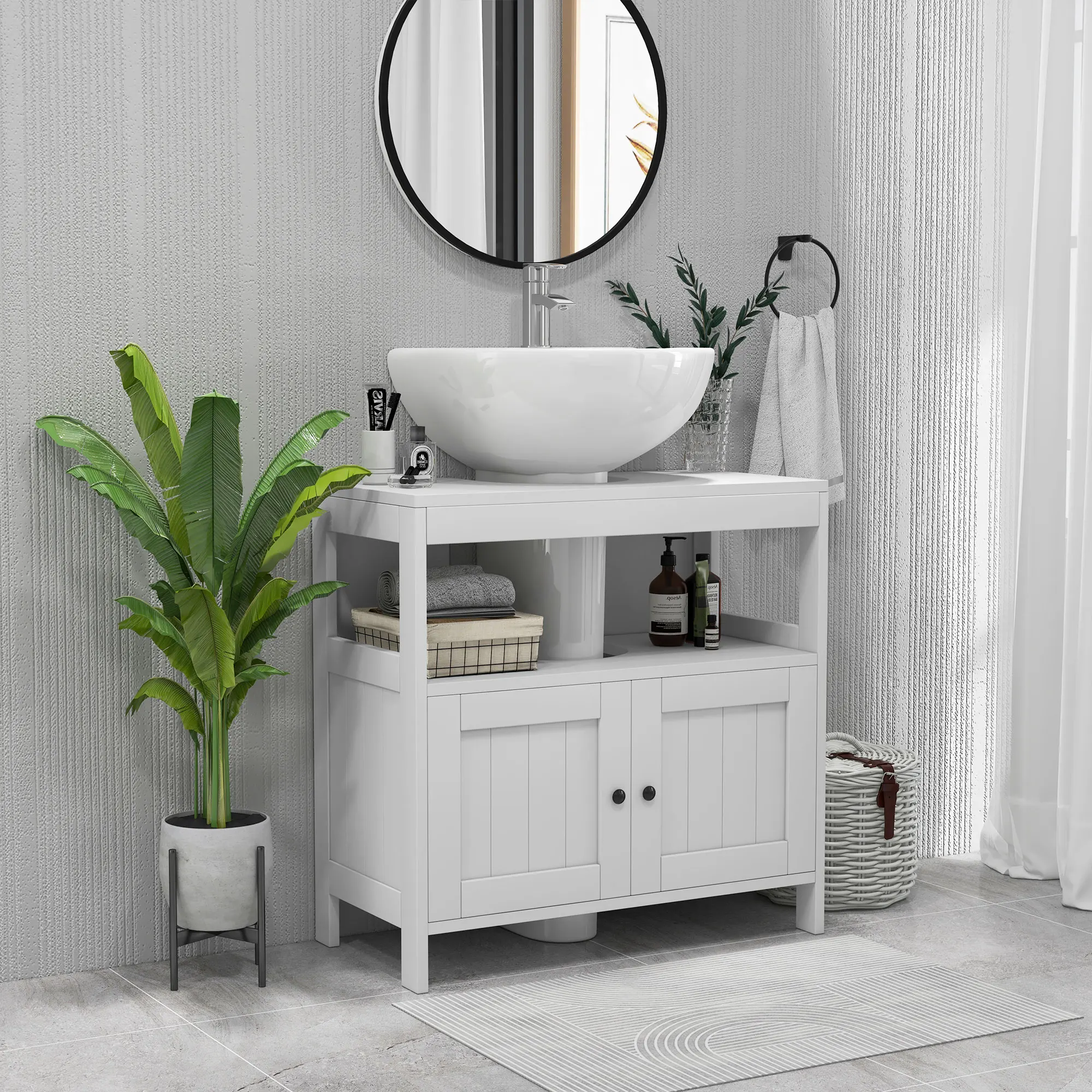 kleankin Mueble para Debajo del Lavabo con 2 Puertas y Estante Abierto Mueble Lavabo con Pie Moderno Carga 30 kg 60x30x60 cm Blanco